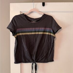 American Eagle Outfitters Black Crop Tee with Multicolor Stripe and Front Tie